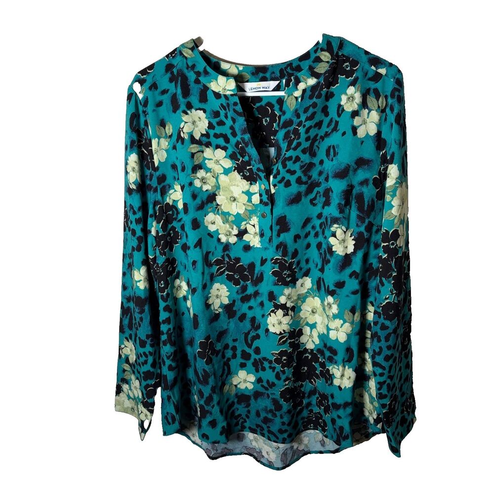 Lemon Way Blouse Women's Large V-Neck Floral V-Neck Popover Shirt Top Printed